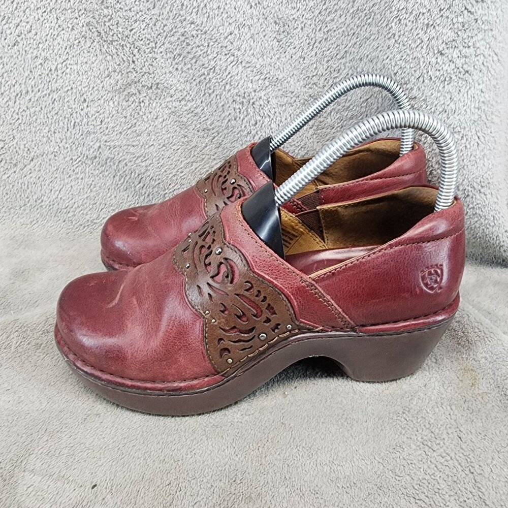 Ariat Shoes Womens Size 6 Red Leather Tambour Tooled Clogs